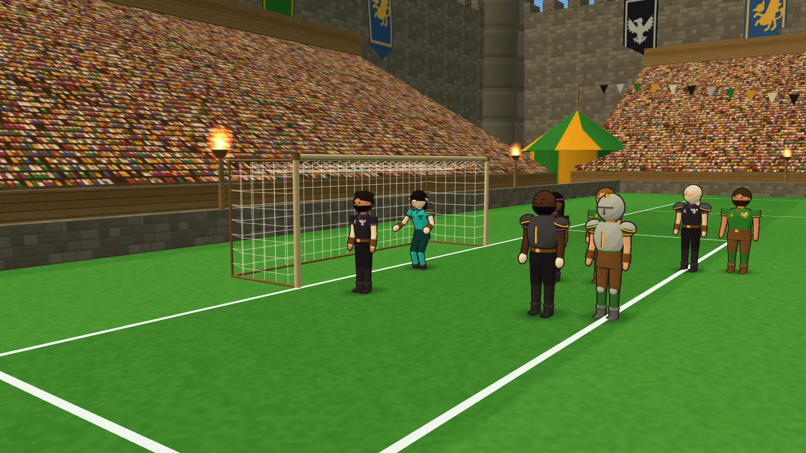 Jogadores dos Grifos e dos Corvos posicionados na pequena área antes de um escanteio, com o goleiro na linha, tochas, uma tenda e a muralha do castelo ao fundo.