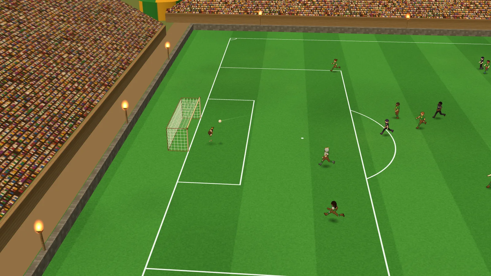 Visão da câmera de transmissão: a bola viaja em direção ao gol enquanto jogadores dos dois times correm pela área, com a arquibancada cheia ao lado.